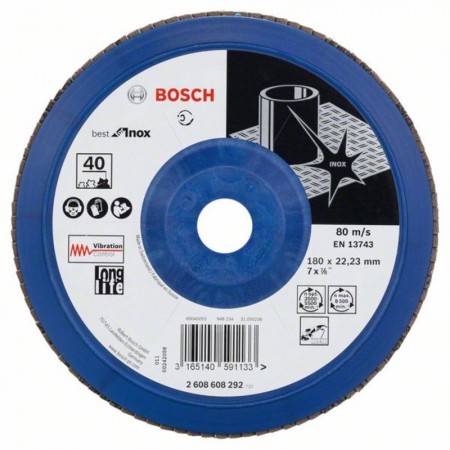 Лепестковый шлифкруг по нержавейке X581 Best for Inox 180×22.23 мм K40 пластик Bosch 2608608292