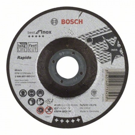 Вогнутый отрезной круг по нержавеющей стали 125×22.23×1.0 мм A 60 W INOX BF Best for Inox Bosch 2608603493