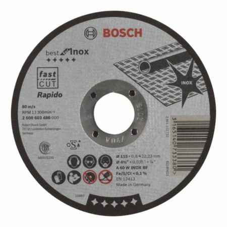 Прямой отрезной круг по нержавеющей стали 115×22.23×0.8 мм A 60 W INOX BF Best for Inox Bosch 2608603486