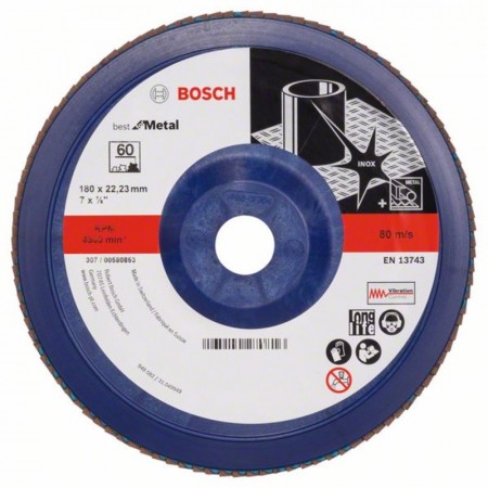 Лепестковый шлифкруг по металлу X571 Best for Metal 180×22.23 мм K60 пластик Bosch 2608607343