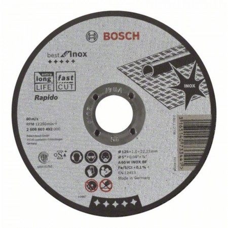 Прямой отрезной круг по нержавеющей стали 125×22.23×1.0 мм A 60 W INOX BF Best for Inox Bosch 2608603492