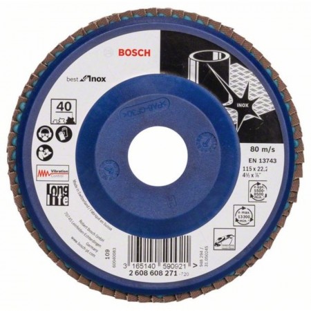 Лепестковый шлифкруг по нержавейке X581 Best for Inox 115×22.23 мм K40 пластик Bosch 2608608271