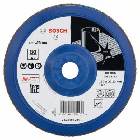 Лепестковый шлифкруг по нержавейке X581 Best for Inox 180×22.23 мм K80 пластик Bosch 2608608294