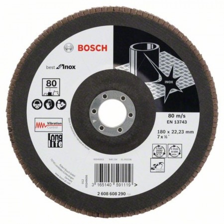 Лепестковый шлифкруг по нержавейке X581 Best for Inox 180×22.23 мм K80 Bosch 2608608290