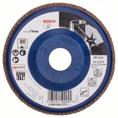 Лепестковый шлифкруг по нержавейке X581 Best for Inox 115×22.23 мм K80 пластик Bosch 2608608273