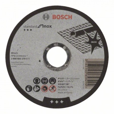 Прямой отрезной круг по нержавеющей стали 115×22.23×1.6 мм WA60TBF Standard for Inox Bosch 2608603170