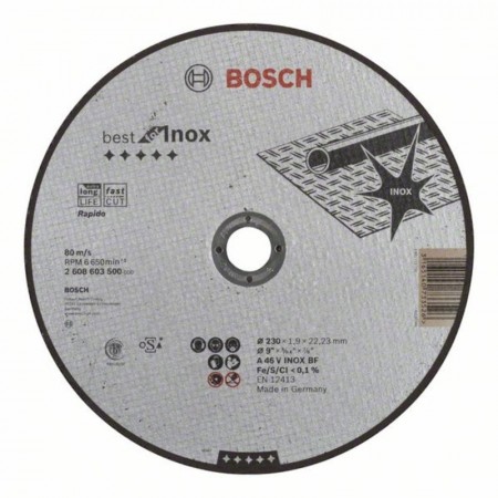 Прямой отрезной круг по нержавеющей стали 230×22.23×1.9 мм A 46 V INOX BF Best for Inox Bosch 2608603500