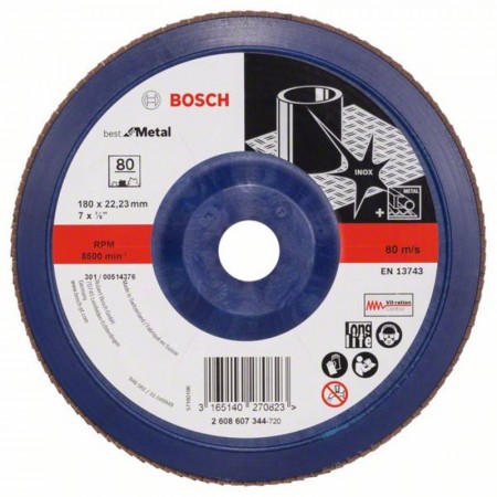 Лепестковый шлифкруг по металлу X571 Best for Metal 180×22.23 мм K80 пластик Bosch 2608607344